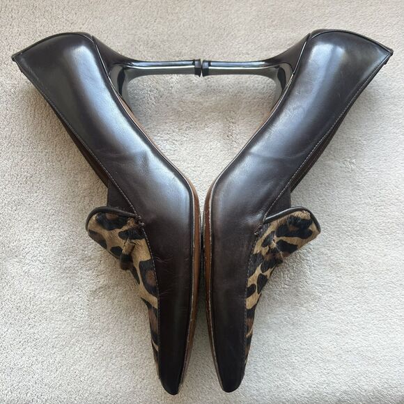Donald Pliner Toro Brown Leather & Leopard Pony Fur Women’s 9 Heels Pointed Toe - Picture 7 of 16
